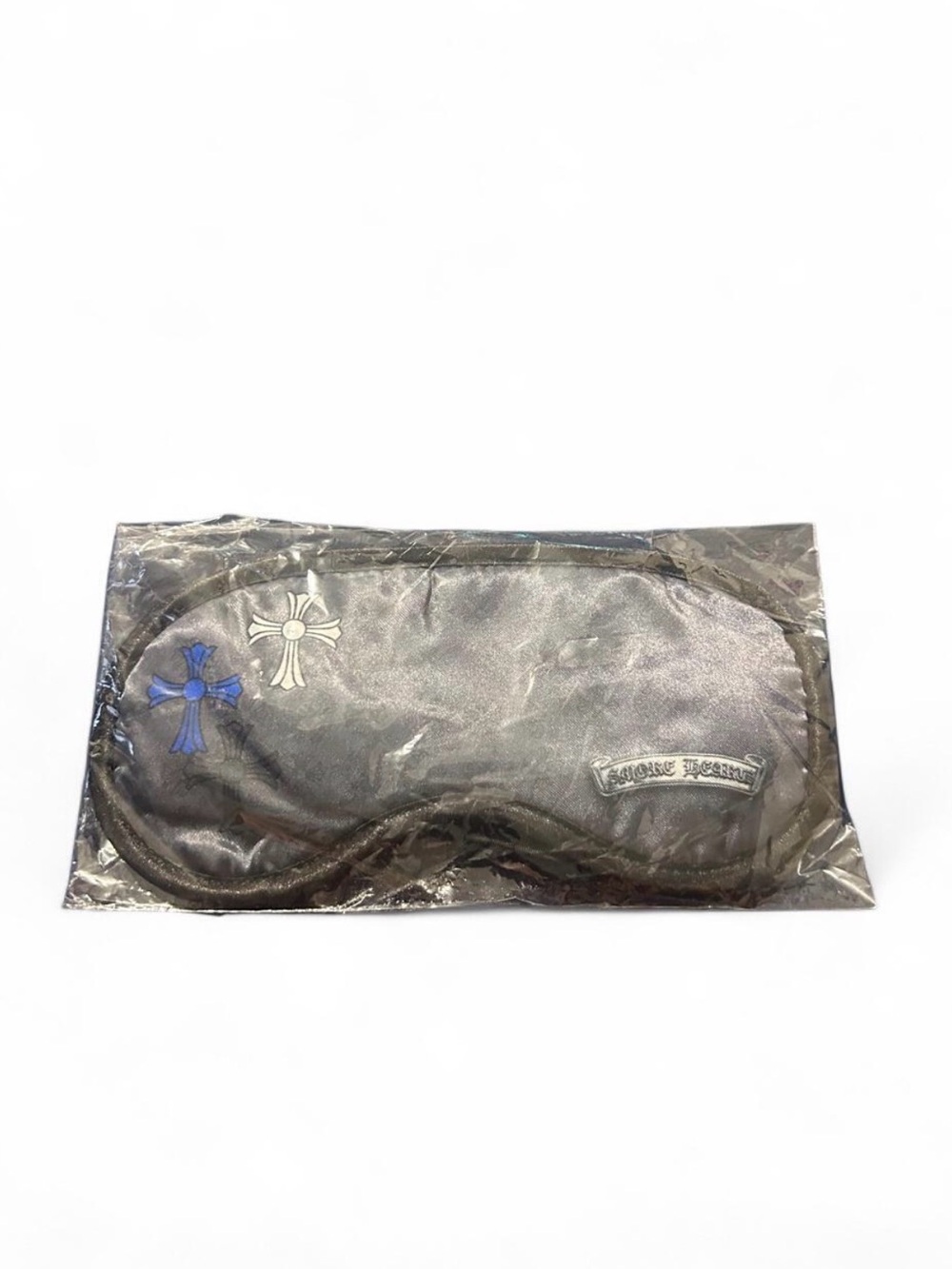 eye mask with blue and white cross embroidery